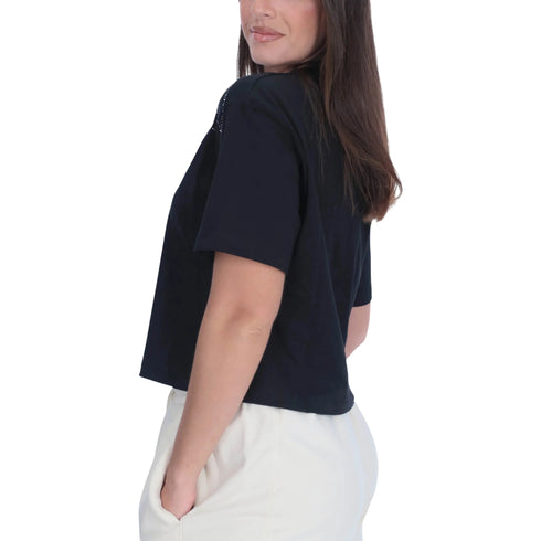 T-shirt Donna crop, con una scollatura girocollo decorata con strass